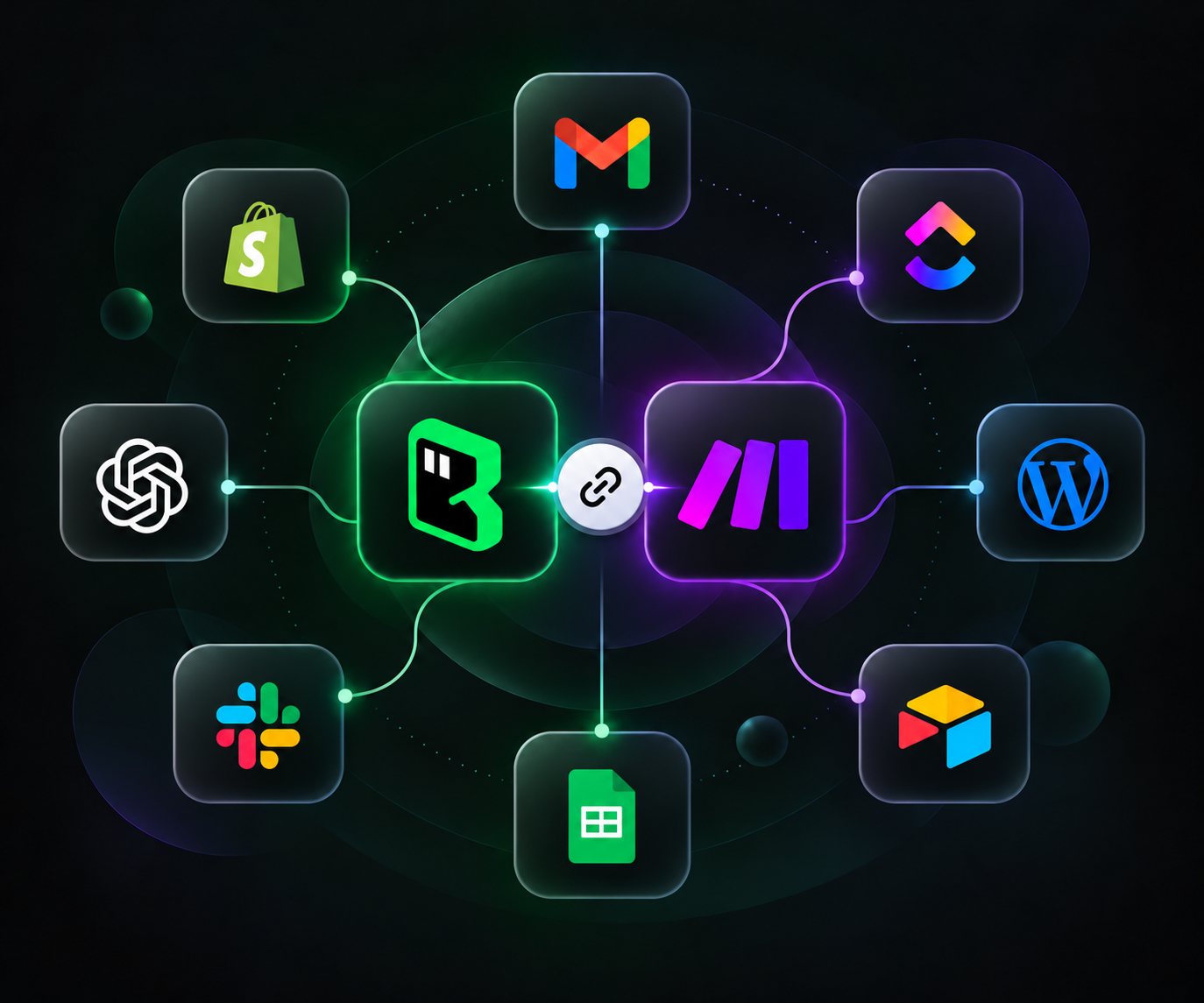 BrowserAct and Make form a shared integration hub connected to Gmail, ClickUp, WordPress, Airtable, Google Sheets, Slack, OpenAI and Shopify.